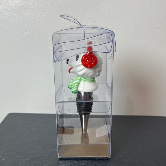 Pier 1 Ceramic White Dog w Red Earmuffs Green Scarf Holiday Wine Bottle Stopper - Picture 5 of 8